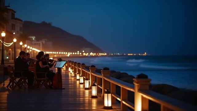 Evening Coastal Concert: String Quartet on Beachside Boardwalk with Lanterns & Twinkling Lights - Perfect for Relaxing Seaside Vibes