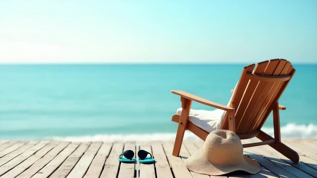 Serene Beach Scene: Empty Wooden Chair with Straw Hat and Flip Flops on Weathered Deck Overlooking Calm Sea Horizon - Perfect for Tranquil Ocean Photography Stock