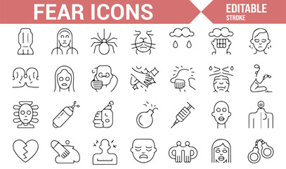 A simple, vector-based collection of fear-related icons, depicting anxiety and phobia symbols
