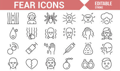 Icons representing various phobias and emotional triggers associated with fear, perfect for mental health and therapy designs.