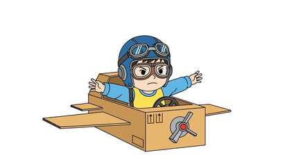 Cartoon child pilot in cardboard airplane,  excitedly flying,  with outstretched arms.