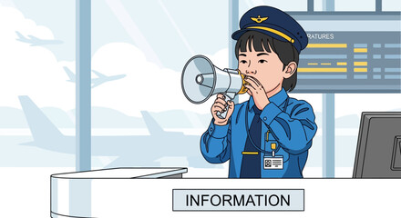 A young airport employee in uniform using a megaphone to make an announcement at a terminal.