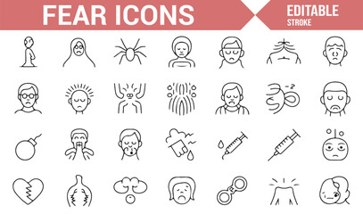 Fototapeta premium A collection of icons symbolizing fear, panic, and common phobias for use in healthcare and emotional contexts.