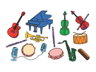 Musical Ensemble: A colorful assortment of musical instruments, each meticulously illustrated, come together in a harmonious display. The scene radiates creativity.