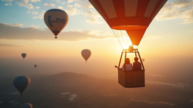 Young couple in love holding hands in a hot air balloon at sunrise - intimate sky moment captured in pastel colors - perfect for romantic photo stock concept