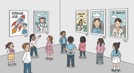 A group of children looking at posters depicting their dream jobs, excited.