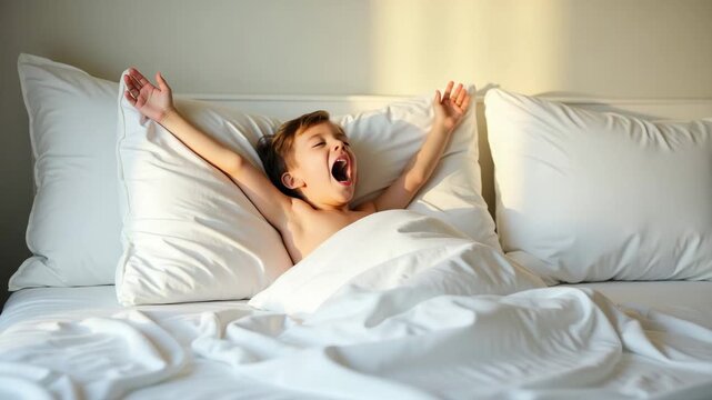 Child Yawning and Stretching in Bed: A Serene Morning Scene with Crisp White Linens and Plush Pillows, Sunlight Streaming In - Perfect Stock Photo Concept with Space for Text