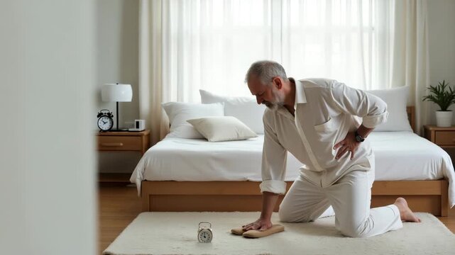 Senior gentleman performing gentle backbend stretch in soft sheets, alarm clock and slippers on bedside rug, empty space for text, stock photo concept.