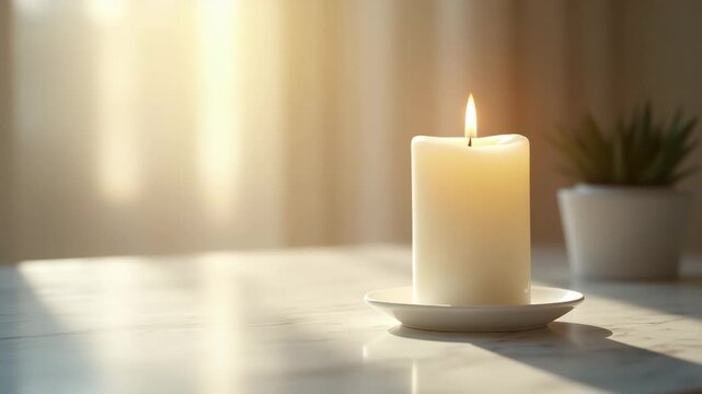 Elegant White Ceramic Candle on Marble Countertop: Serene Morning Light Reflection and Tranquil Atmosphere - Perfect for Stock Photo Concepts with Empty Space