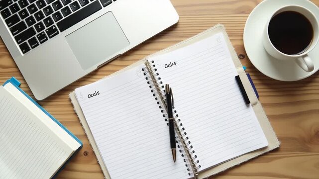 Overhead View of Morning Workstation: Open Laptop, Notepad with Goals, Fountain Pen for Productivity - Stock Photo Concept with Empty Space
