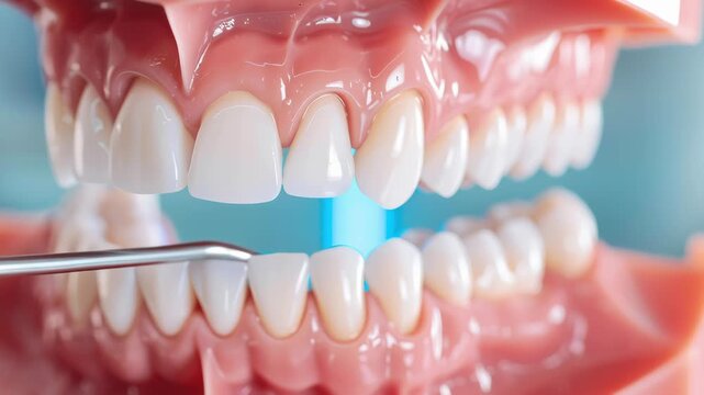 A close-up view of a dental model showcasing bright, white teeth and dental tools, highlighting oral hygiene and dental care practices.