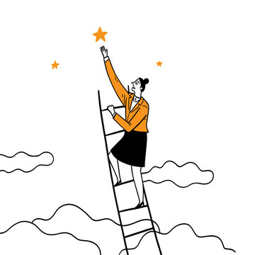 Empowered Businesswoman on a Ladder Reaching for a Star for Career Success