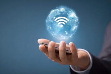 A hand holds a phone with a glowing wifi globe