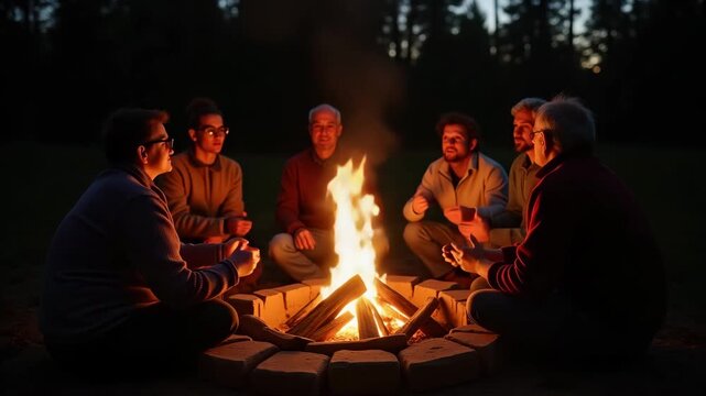 Family gathering around a sacred fire pit at dawn on solstice morning, honoring the sun with communal songs and firelight blessings, empty space for text.