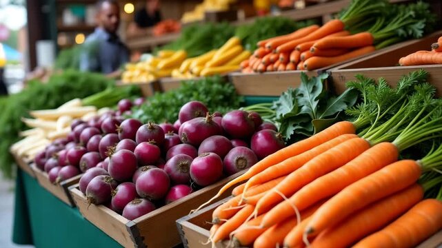 Handpicked Turnips, Beets, and Carrots on Tiered Wooden Trays - Vibrant Root Vegetables Display at Early Market Hour with Empty Space for Text