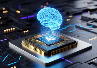 Artificial intelligence concept with a glowing brain hovering over a microchip, symbolizing machine learning and futuristic technology