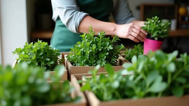 Farm Fresh: Grower Sorting Potted Herbs & Leafy Greens for Subscription Box Assembly on Porch Counter - Perfect for Direct Farm to Consumer Deliveries | Photo Stock Concept