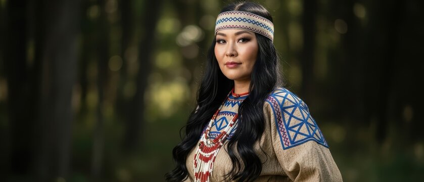Refined Ainu Attus Robe with Geometric Indigo Patterns and Woven Headband in Forest Edge