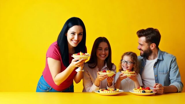 Joyful Family Indulging in Colorful Cereal Tarts and Fruit Parfaits on Bright Yellow Background - Perfect for Sweet Cereal Ad Concept