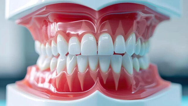 A detailed model of teeth and gums showcasing dental anatomy, emphasizing oral health and hygiene.