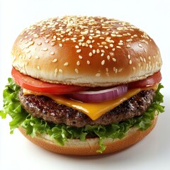 Juicy hamburger overflowing with fresh toppings, a mouthwatering meal perfect for summer cookouts