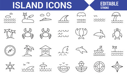 A diverse set of icons depicting ocean, wildlife, and tropical beach elements for coastal-themed projects.