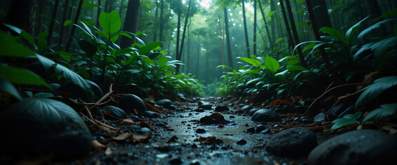 Pathway to a Rainforest with Trees, Bushes, and Vines &ndash; Tropical Jungle Landscape