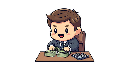 Cartoon businessman counting money at desk, financial success and prosperity