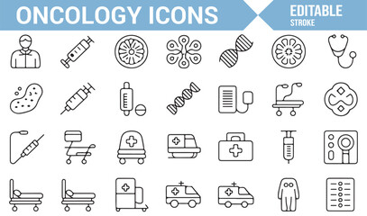 A collection of icons related to oncology, from chemotherapy to healthcare services and equipment.