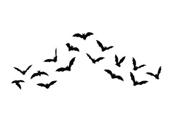 A flock of black bat silhouettes flying in an arc formation against a white background.