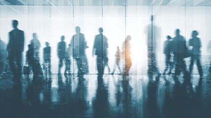 Silhouettes of business people walking in a modern office building convey a sense of motion and collaboration against a blurred cityscape background view.