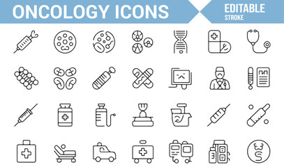 Cancer treatment and oncology care icons depicting syringes, medications, and healthcare tools.