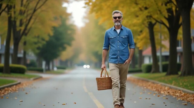 Authentic lifestyle photo of a father in a casual denim shirt and chinos, strolling down a neighborhood street with a picnic basket, showcasing casual dad style. Empty space on the left.