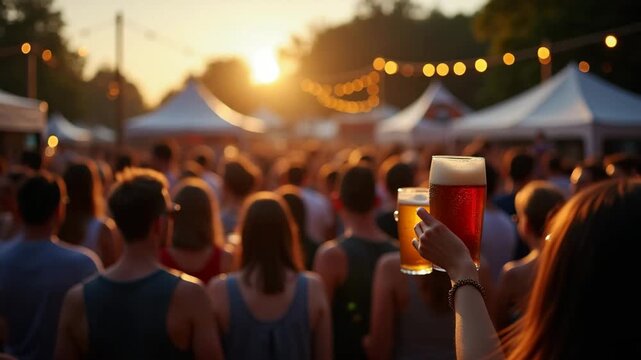 Vibrant Beer Festival Outdoors: Attendees Sampling Diverse Brews with Beer Steins, Festive Tents, String Lights, and Live Music - Perfect for Event Atmosphere Stock Photo