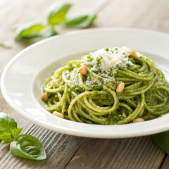 Realistic photo of spaghetti with basil pesto sauce, parmesan, and pine nuts