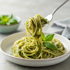 Realistic photo of spaghetti with basil pesto sauce, parmesan, and pine nuts