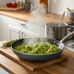Realistic photo of spaghetti with basil pesto sauce, parmesan, and pine nuts