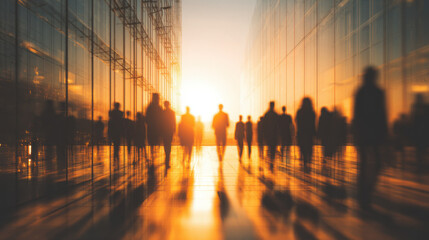 Silhouetted figures walk towards the sunlight between tall glass buildings in the city at sunrise as they commute to work in a blurred, abstract motion shot.