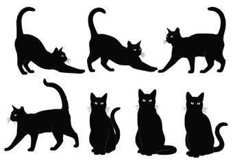 A collection of seven black cat silhouettes in various dynamic and static poses.