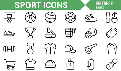 A diverse set of fitness and sports icons illustrating training equipment, apparel, and competition trophies.