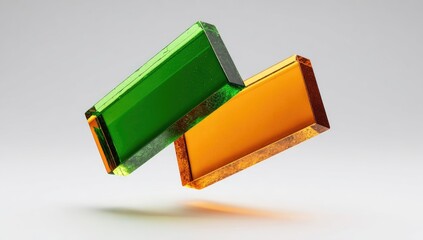 Two translucent rectangular prisms, green and amber, overlap in a stylized form
