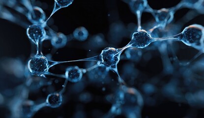 Abstract, glowing, blue molecular structures.  Complex network of interconnected spheres on a dark background