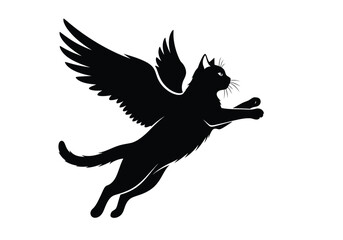 Fototapeta premium A silhouette of a mythical black cat with large feathered wings flying through the air.