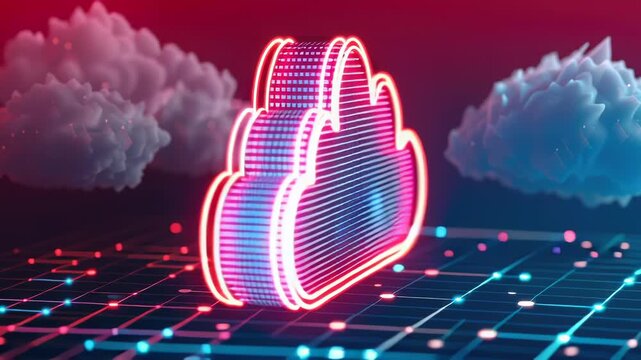 A vibrant digital cloud symbolizing cloud computing, featuring binary code patterns and a futuristic aesthetic with neon lighting.