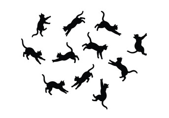 Silhouette design of playful cats in various jumping and leaping poses.