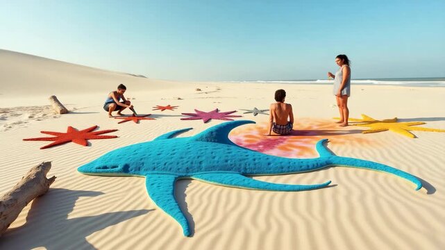Creative Duo Sketches Large-Scale Marine Creatures and Geometric Patterns in Sand Dunes with Colored Powders and Driftwood Accents - Stunning Photo Stock Concept Under Clear Sky