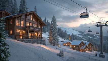 Fototapeta premium Photo of luxury Alpine ski resort at twilight with cozy wooden chalet at night with snow covered mountains in the background