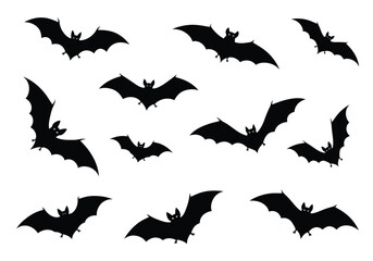 Silhouette illustration of multiple bats in various flight positions against a white background.