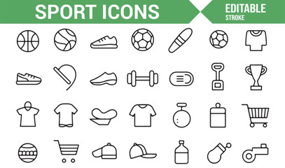 Icon set showcasing fitness gear, sports equipment, and athletic apparel, perfect for active lifestyle designs.
