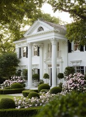 White pillared mansion with lush landscaping